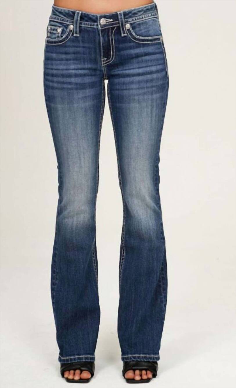 NEW MISS ME women's star mid-rise boot cut jeans in medium blue